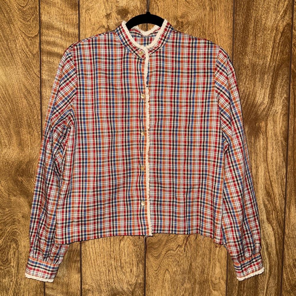 VTG Plaid Lace Trim Button Up Crop Blouse Red Blue Orange Check Union Made Top S